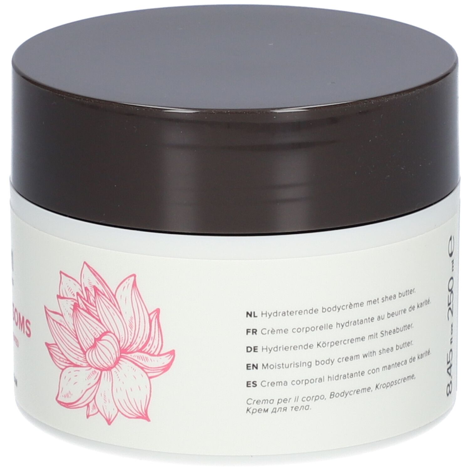 Crèmepot met bruin deksel. Opschrift: 8.45 fl oz 250 ml. Tekst: Hydraterende bodycrème. Roze lotusbloem ontwerp.