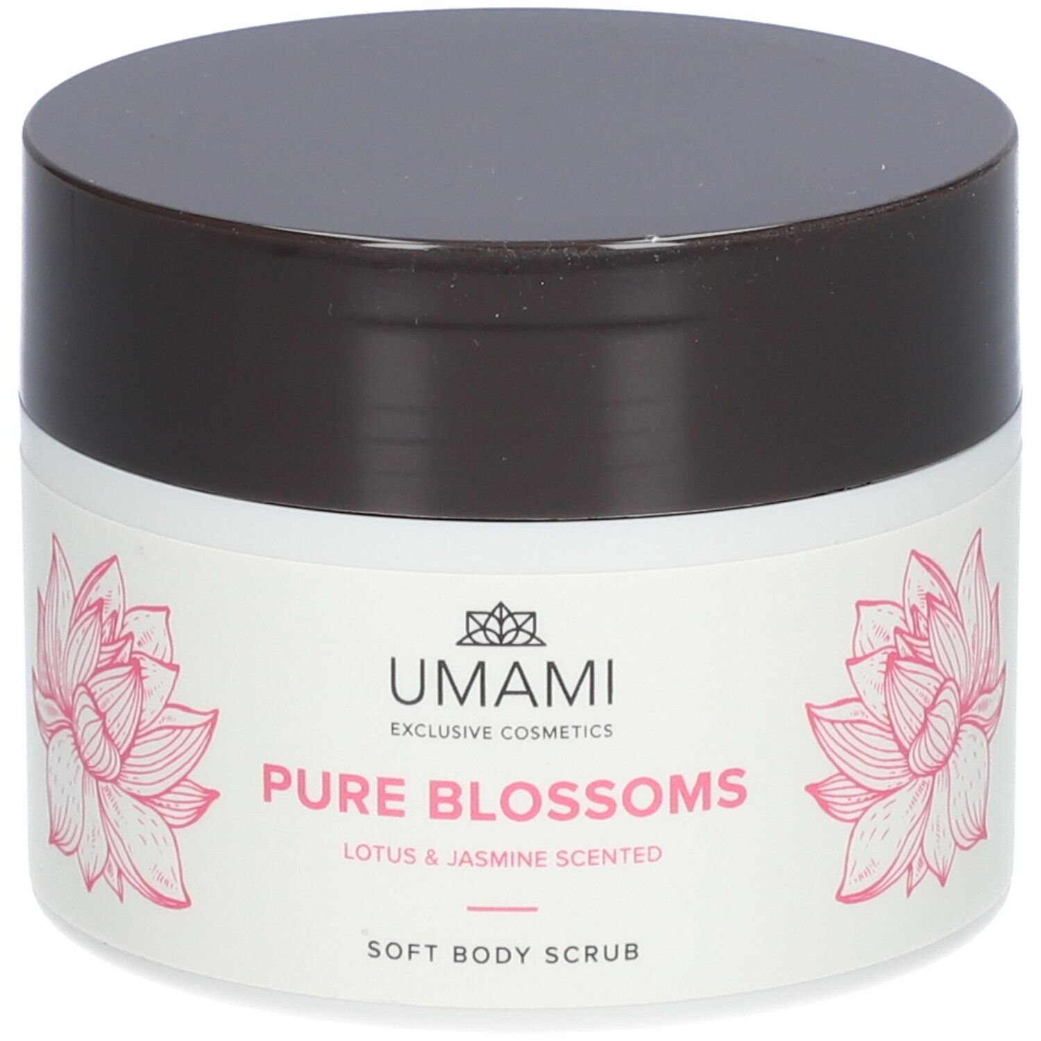 Weißes Tiegel mit braunem Deckel. Aufschrift: UMAMI Pure Blossoms, Lotus & Jasmine Scented, Soft Body Scrub. Rosa Lotusblüten.