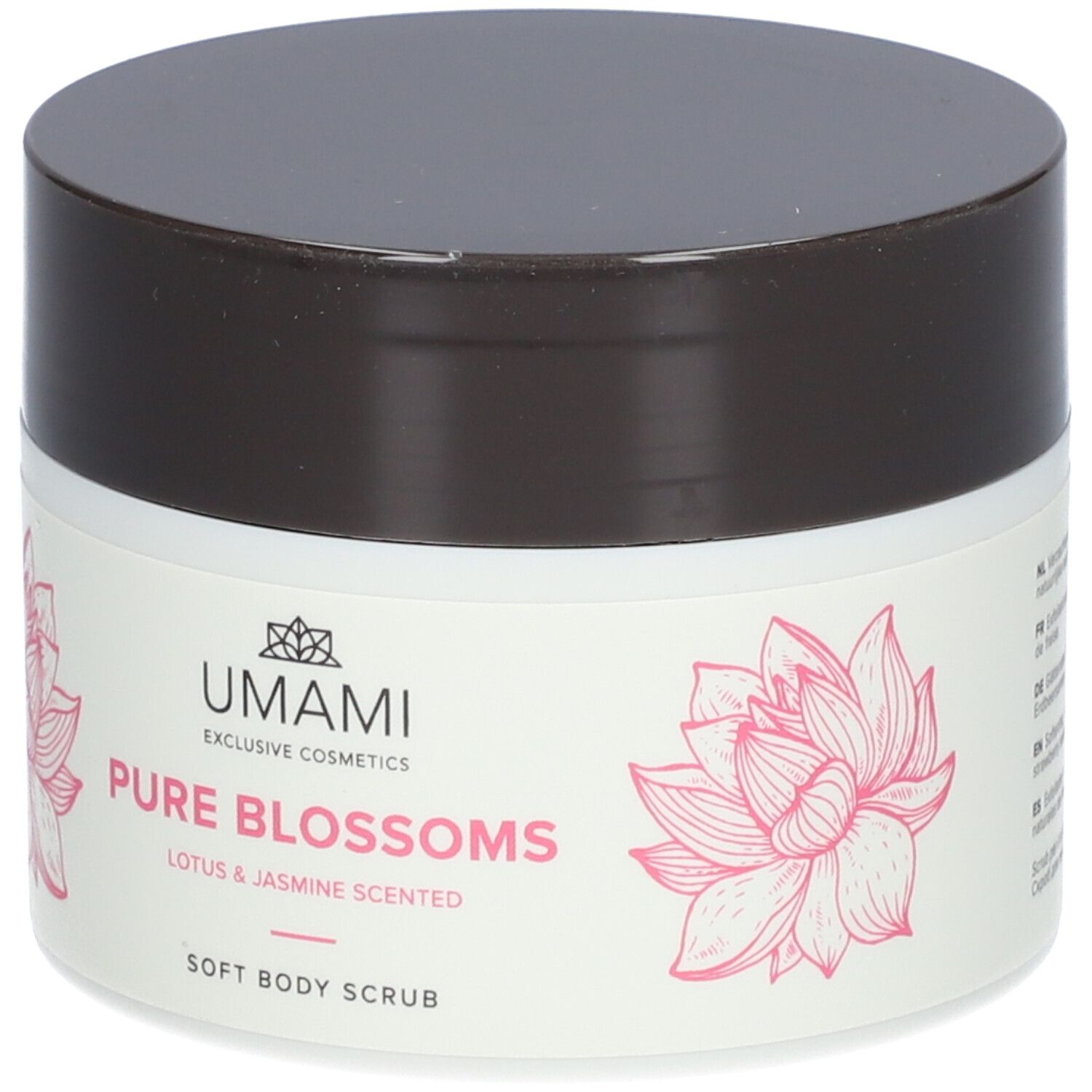 Weißes Tiegel mit braunem Deckel. Aufschrift: UMAMI Pure Blossoms, Lotus & Jasmine Scented, Soft Body Scrub. Rosa Lotusblüte.