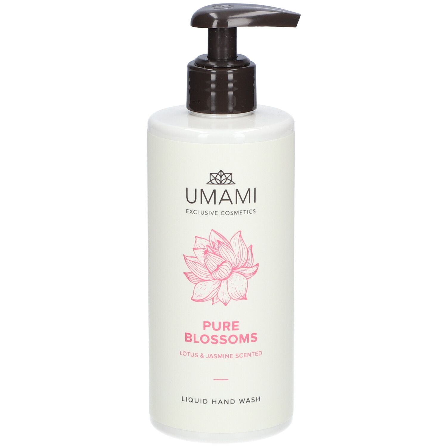 Witte dispenser met bruine pomp. Opschrift: UMAMI, Pure Blossoms, Lotus & Jasmin. Roze lotusbloem.
