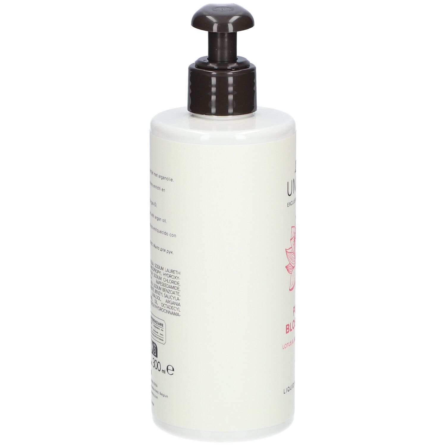 Achterkant van witte dispenser. Meertalige tekst. Ingrediënten. Bruine pomp.