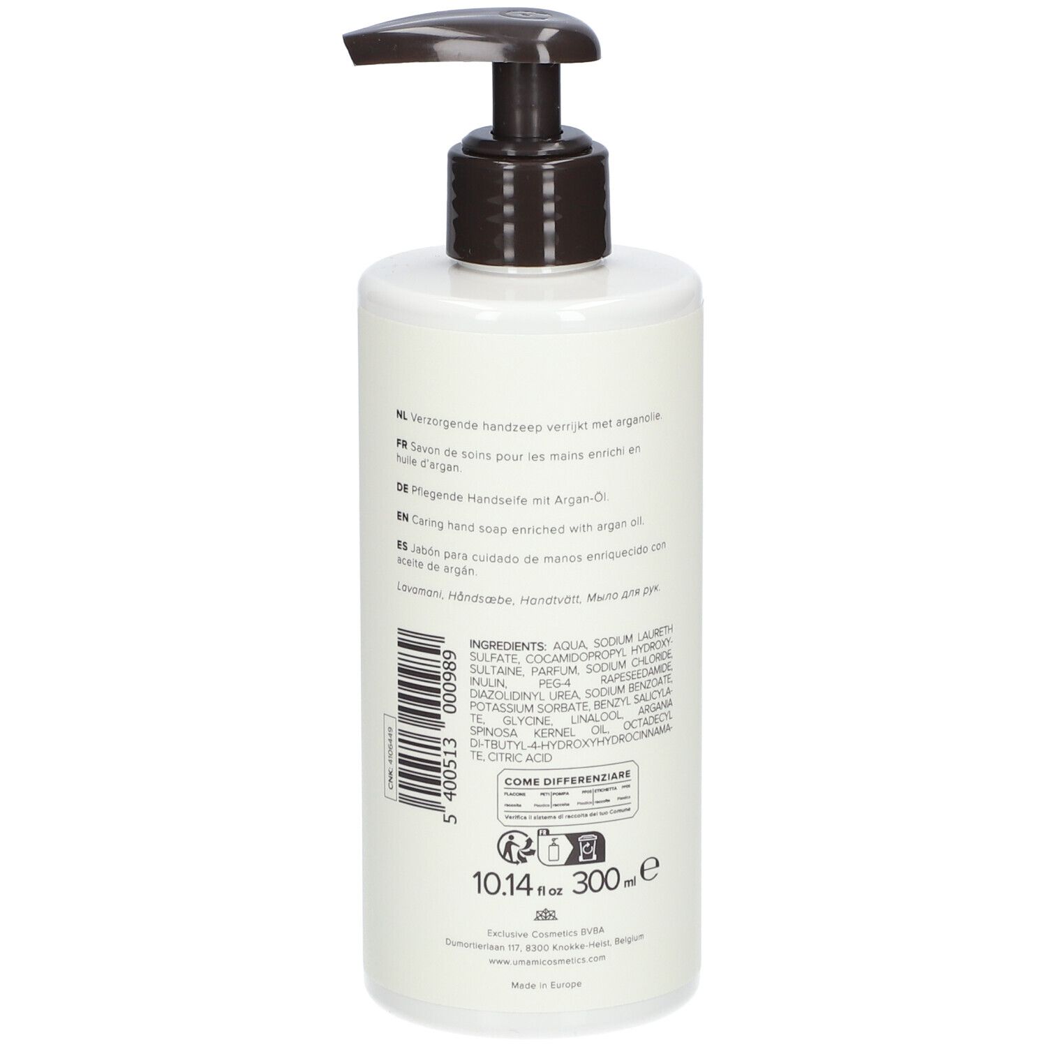 Achterkant van witte dispenser. Meertalige tekst. Ingrediënten. Bruine pomp.