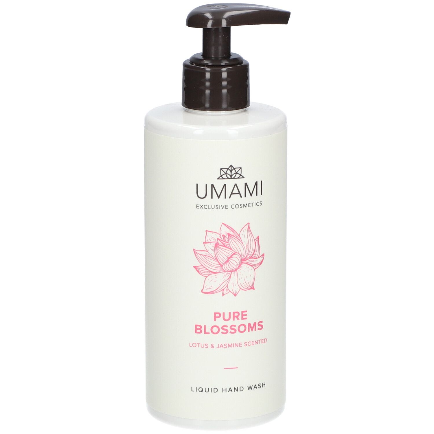 Witte dispenser met bruine pomp. Opschrift: UMAMI, Pure Blossoms, Lotus & Jasmin. Roze lotusbloem.