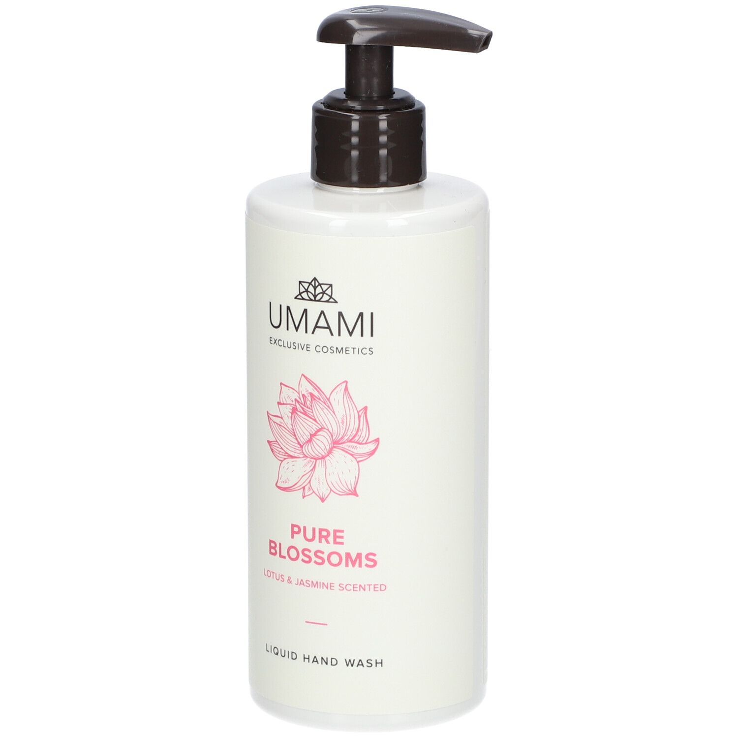 Witte dispenser met bruine pomp. Opschrift: UMAMI, Pure Blossoms, Lotus & Jasmin. Roze lotusbloem.
