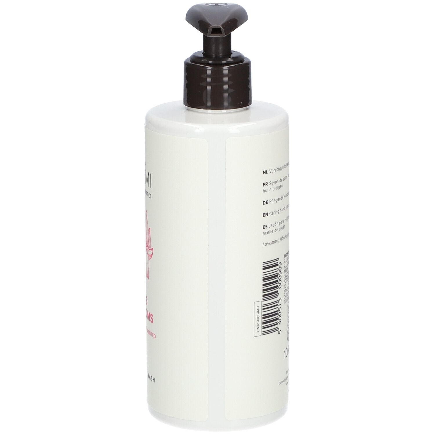 Zijkant van witte dispenser. Opschrift: UMAMI, Pure Blossoms, Lotus & Jasmin. Roze lotusbloem. Bruine pomp.
