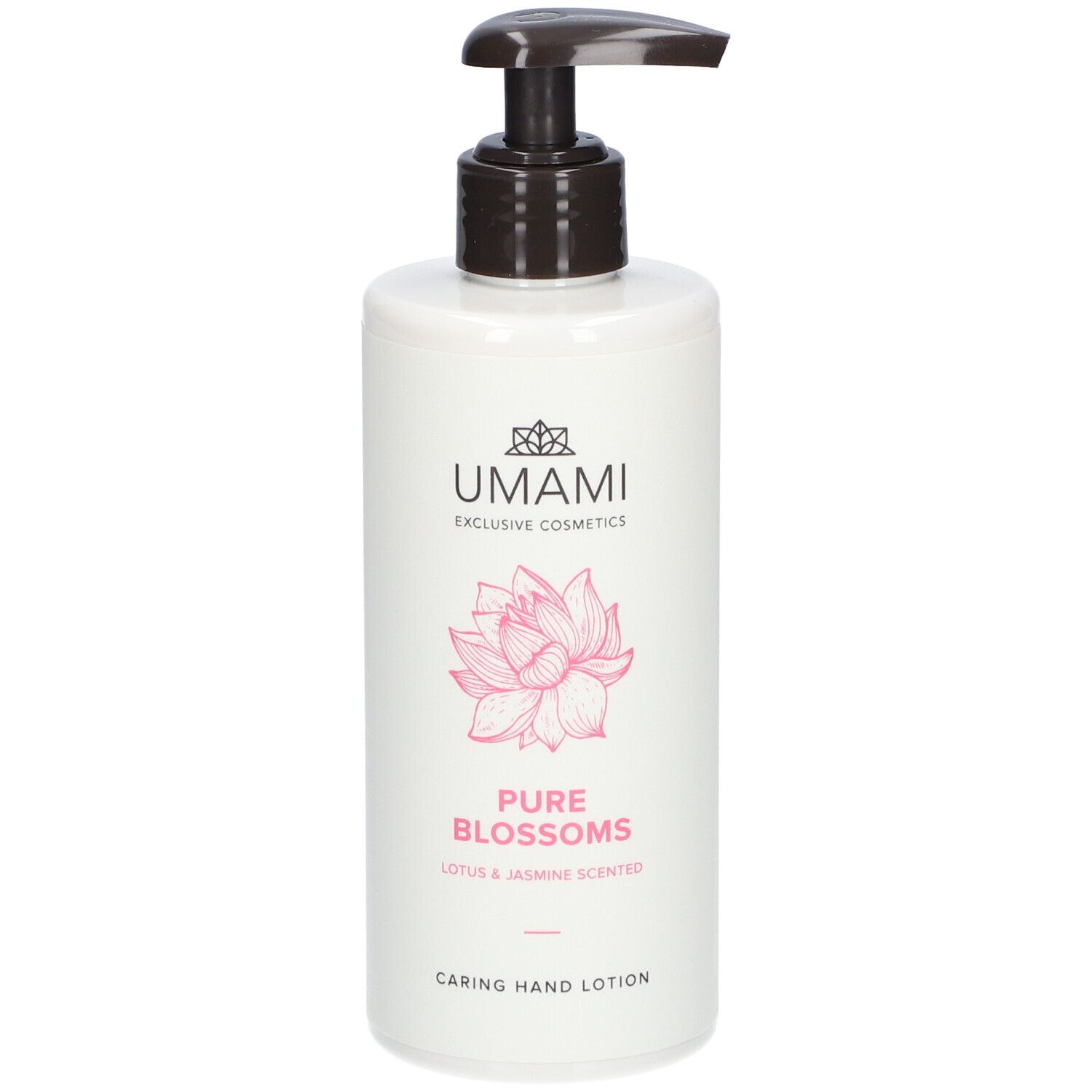 Weiße Flasche mit Pumpe. Aufschrift: UMAMI, Pure Blossoms, Lotus & Jasmin. Rosa Lotusblüte. Caring Hand Lotion.
