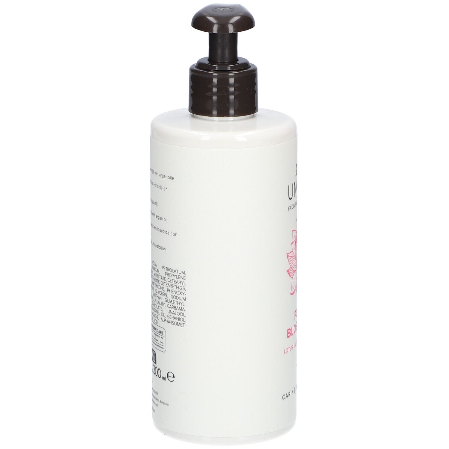 Weiße Flasche mit Pumpe. Aufschrift und Inhaltsstoffe. Rückseite mit Text in mehreren Sprachen. Schwarze Pumpe.