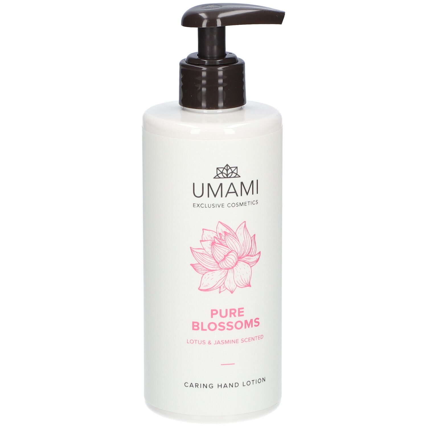 Weiße Flasche mit Pumpe. Aufschrift: UMAMI, Pure Blossoms, Lotus & Jasmin. Rosa Lotusblüte. Caring Hand Lotion.