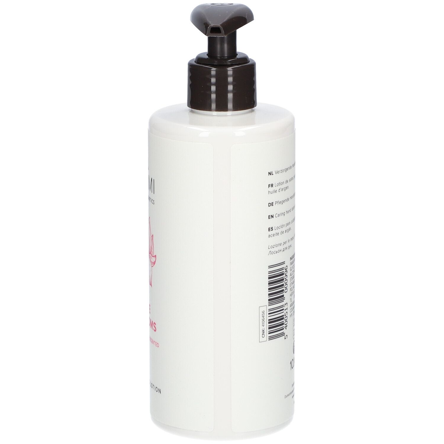 Weiße Flasche mit Pumpe. Aufschrift und Inhaltsstoffe. Rückseite mit Text in mehreren Sprachen. Schwarze Pumpe.