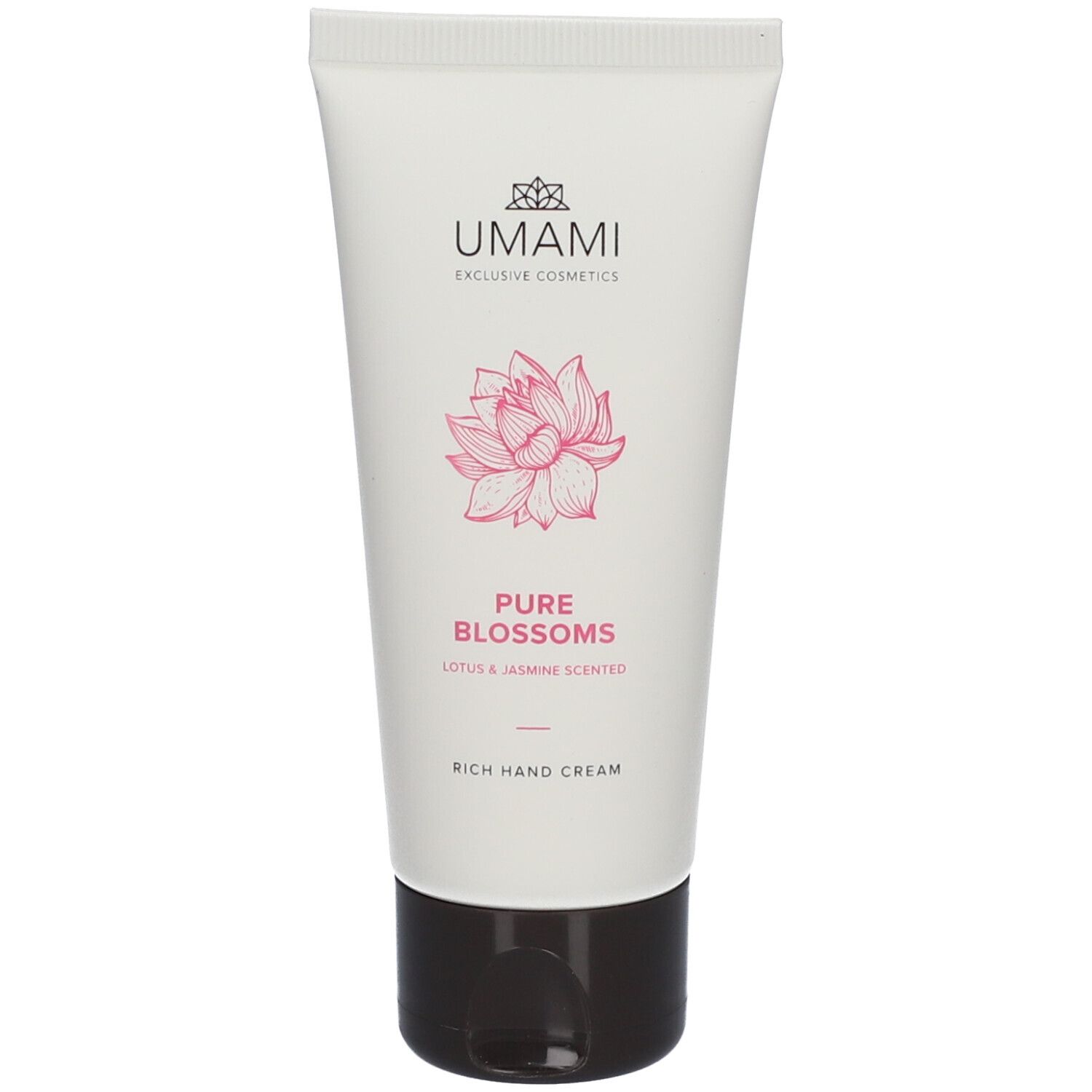 Witte tube met UMAMI-logo, roze lotusbloem en tekst Pure Blossoms. Rich Hand Cream.