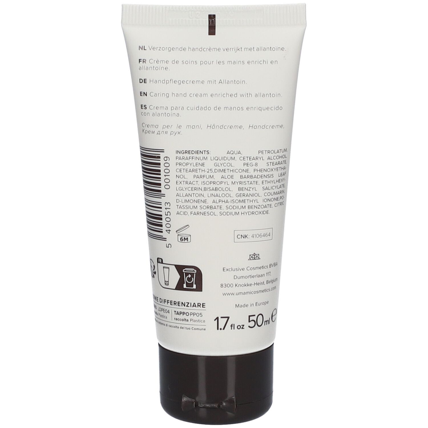 Achterkant handcrèmetube. Meertalige tekst, ingrediënten, logo, 50ml.