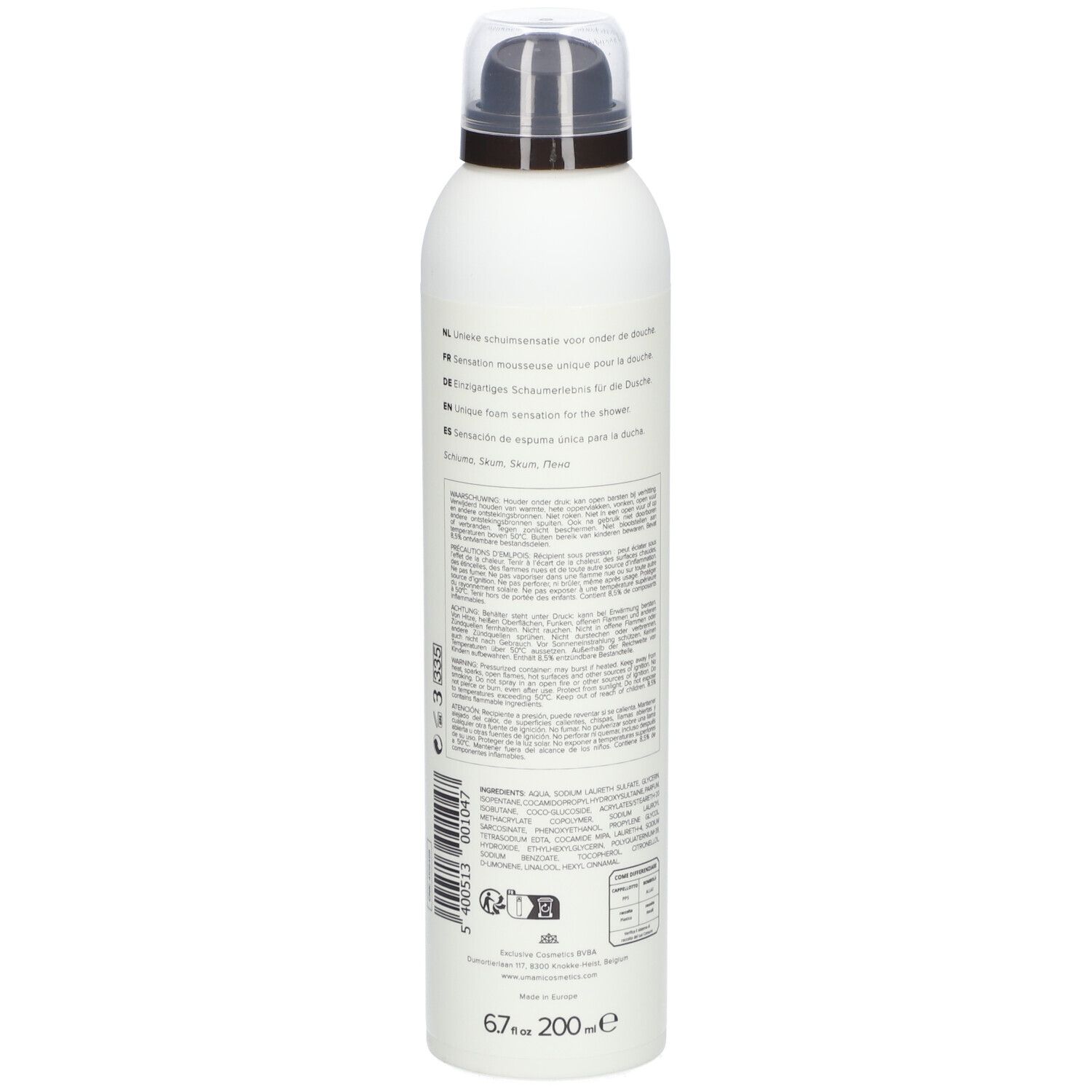Weißes Duschgel mit Text auf der Rückseite. Enthält Informationen und Barcode. Schwarzer Sprühkopf.