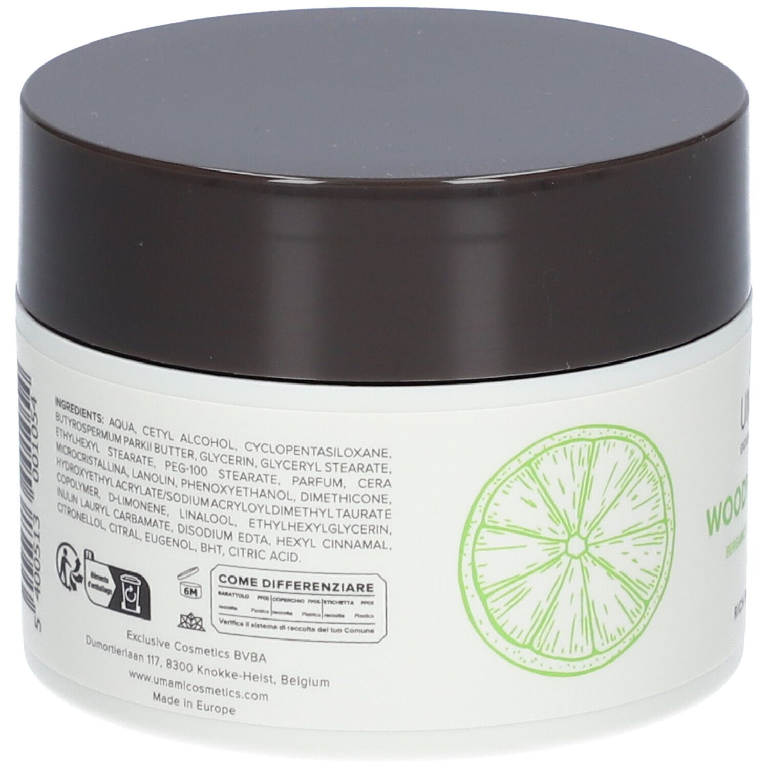 Rückseite des Creme-Tiegels. Zutatenliste, Illustration einer Limette, Qualitätszeichen. Text: Exclusive Cosmetics BVBA, Made in Europe.