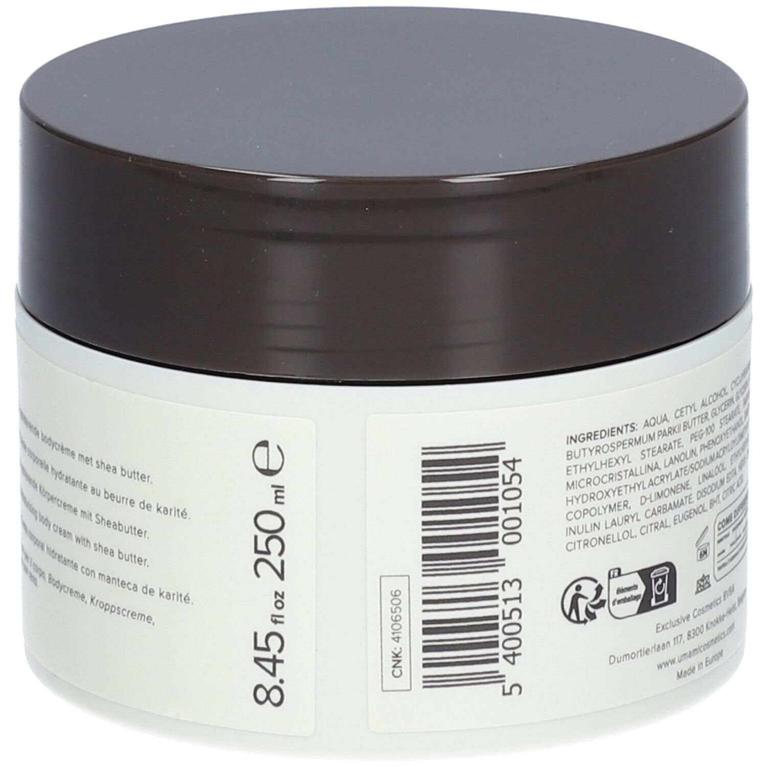 Creme-Tiegel mit braunem Deckel. Aufschrift: 8.45 fl oz 250 ml e. Barcode und Text: CNK-4106506, 5 400513 001054.