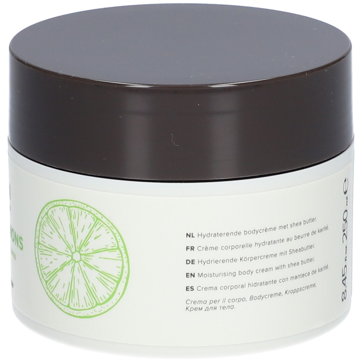 Rückseite des Creme-Tiegels. Text: Hydrierende Körpercreme mit Sheabutter, 8.45 fl oz 250 ml e. Limetten-Illustration.
