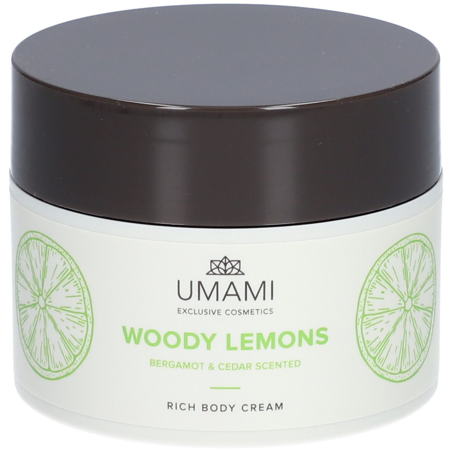 Creme-Tiegel mit braunem Deckel. Aufschrift: UMAMI Woody Lemons, Bergamote & Cèdre, Rich Body Cream. Limetten-Illustrationen.