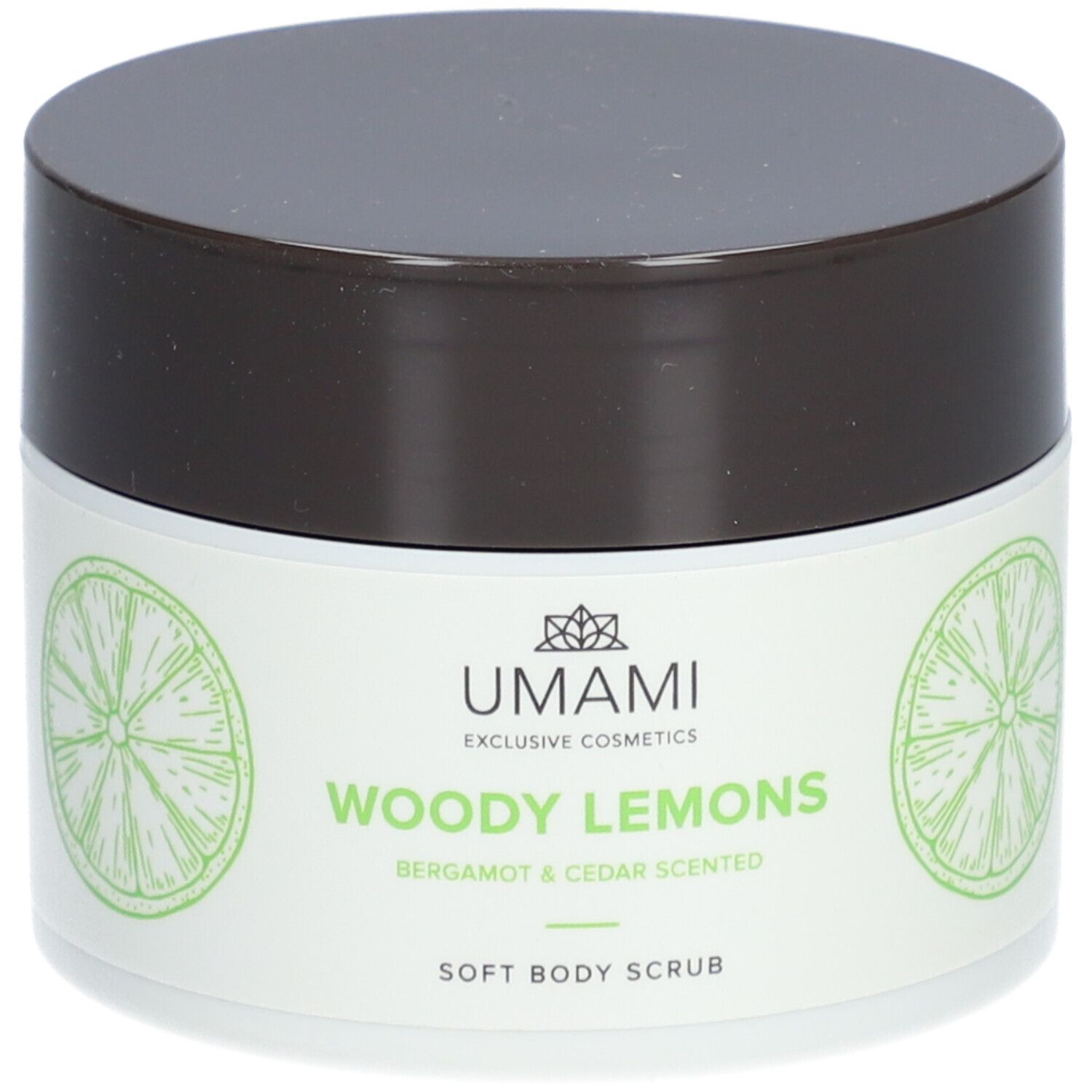 Weißes Tiegel mit braunem Deckel. Aufschrift: UMAMI Woody Lemons Soft Body Scrub. Limetten-Illustrationen.