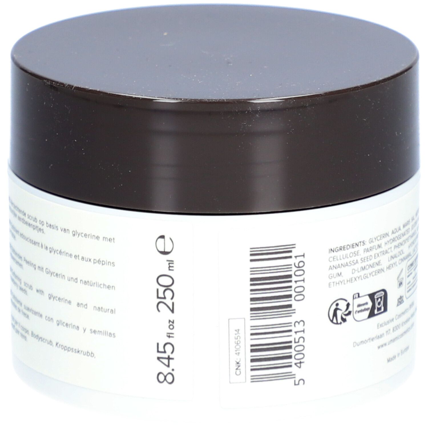 Weißer Tiegel mit braunem Deckel. Aufschrift: 8.45 fl oz 250 ml. Barcode und Text.