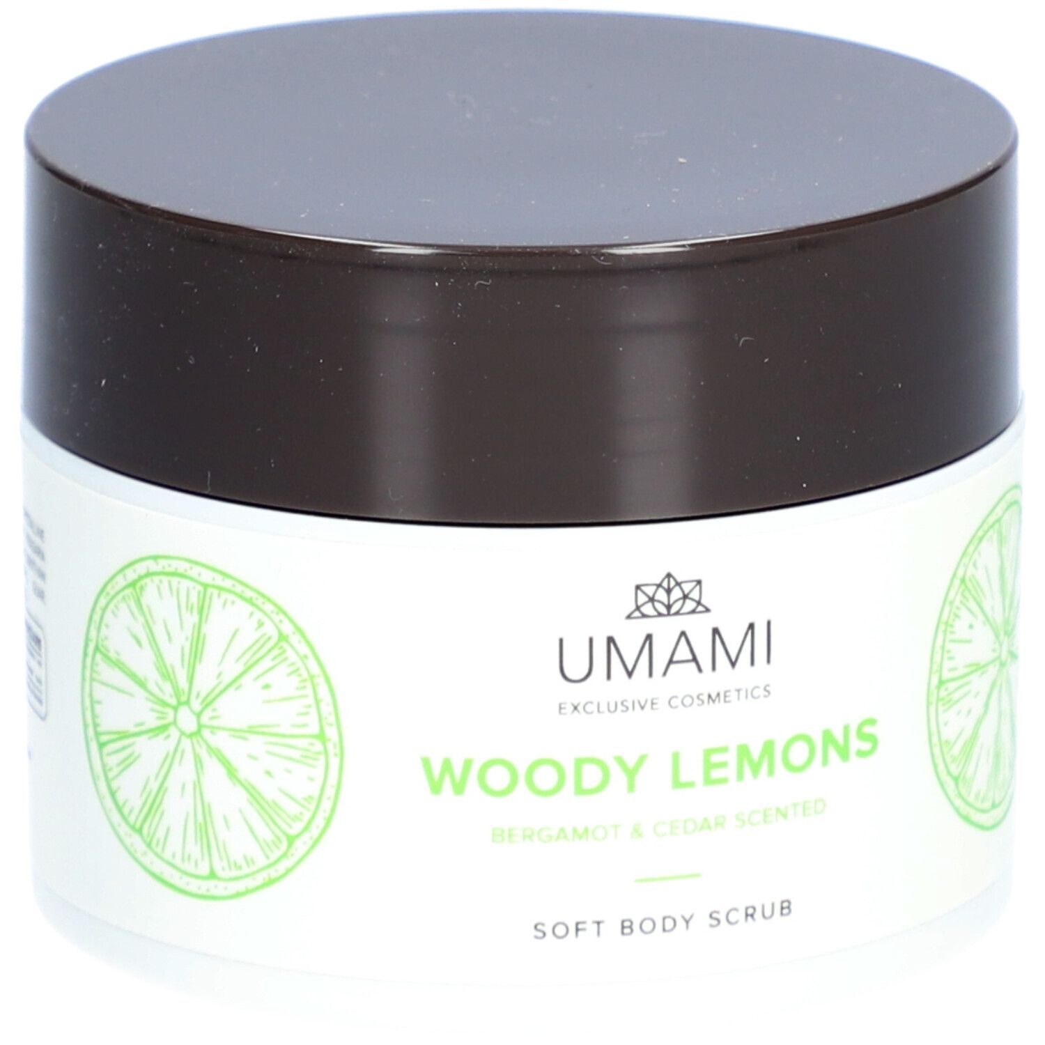 Weißer Tiegel mit braunem Deckel. Aufschrift: UMAMI Woody Lemons Soft Body Scrub. Limetten-Illustrationen.