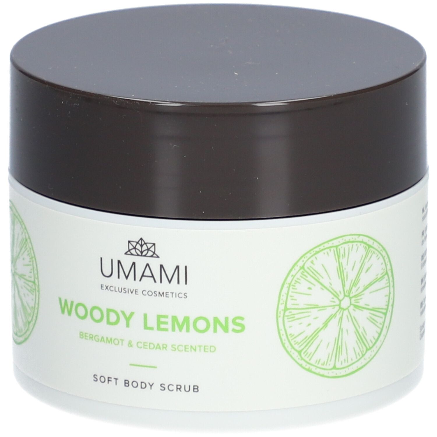 Weißer Tiegel mit braunem Deckel. Aufschrift: UMAMI Woody Lemons Soft Body Scrub. Limetten-Illustrationen.