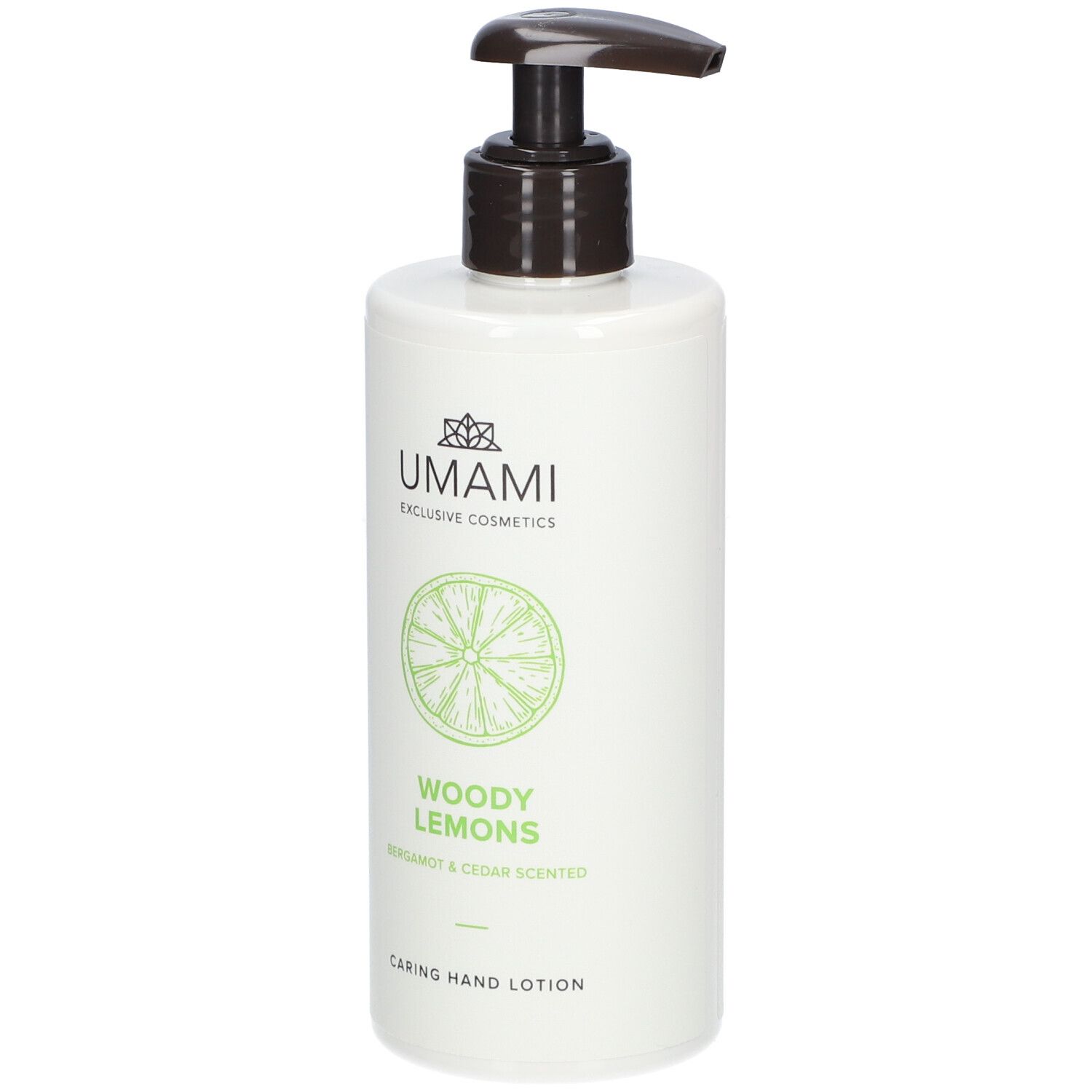 Weiße Flasche mit schwarzem Pumpkopf. Aufschrift: UMAMI, Woody Lemons, Bergamotte & Cèdre, Pflegende Handlotion.