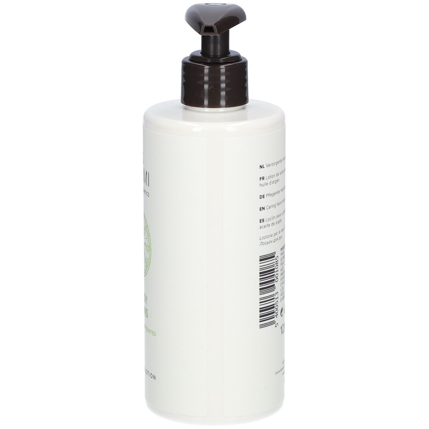 Weiße Flasche mit schwarzem Pumpkopf. Aufschrift: UMAMI, Woody Lemons, Bergamotte & Cèdre, Pflegende Handlotion.