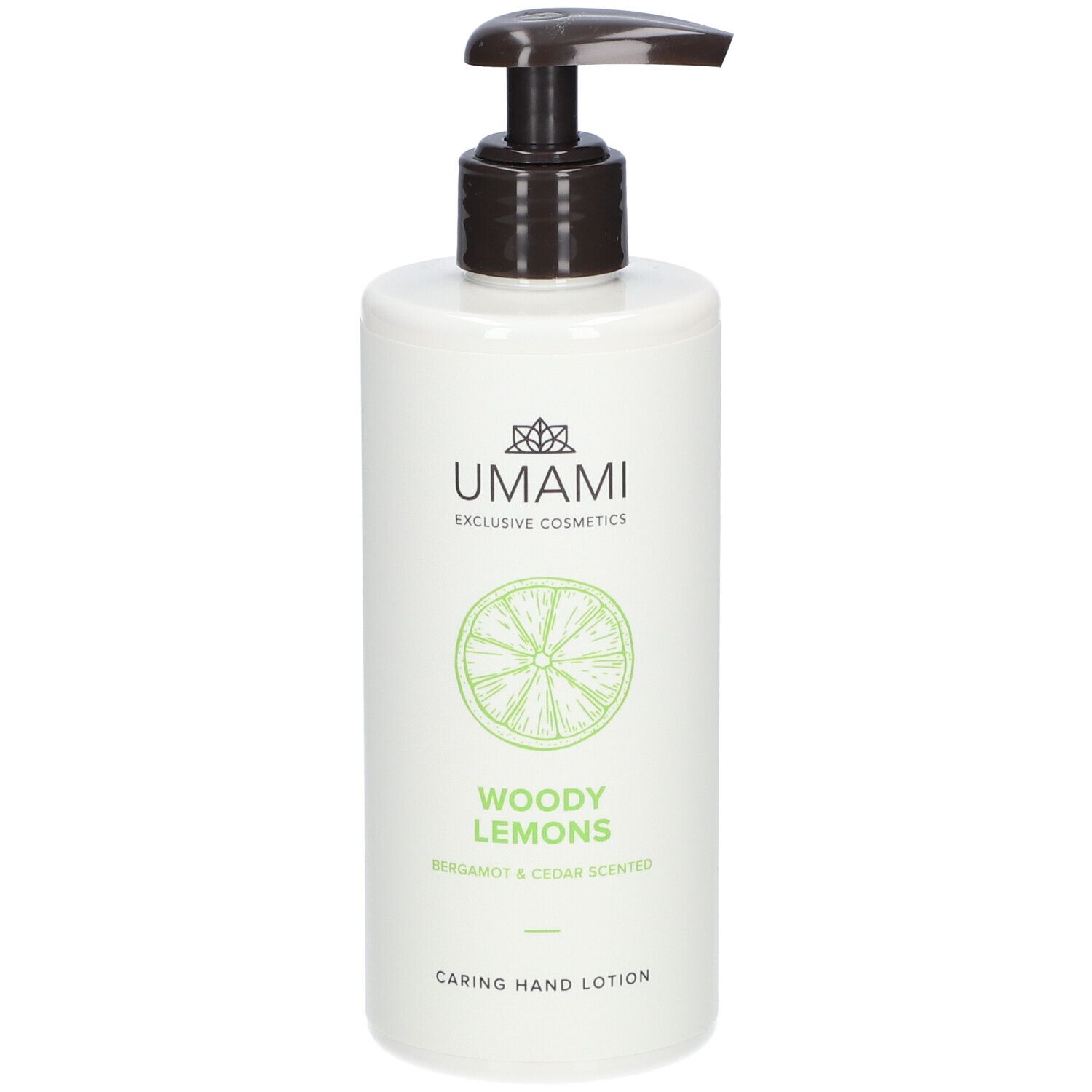 Weiße Flasche mit schwarzem Pumpkopf. Aufschrift: UMAMI, Woody Lemons, Bergamotte & Cèdre, Pflegende Handlotion.