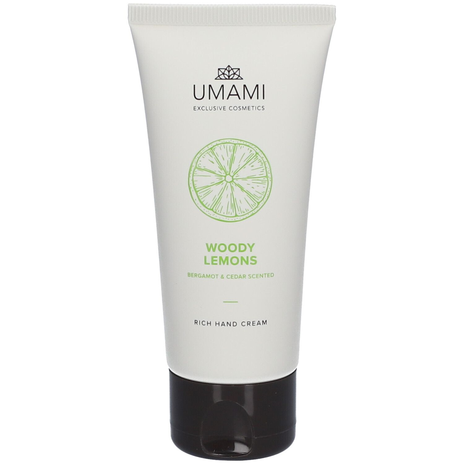 Witte tube met zwarte dop. Opdruk: UMAMI, Woody Lemons, citroenillustratie. Rijke handcrème.