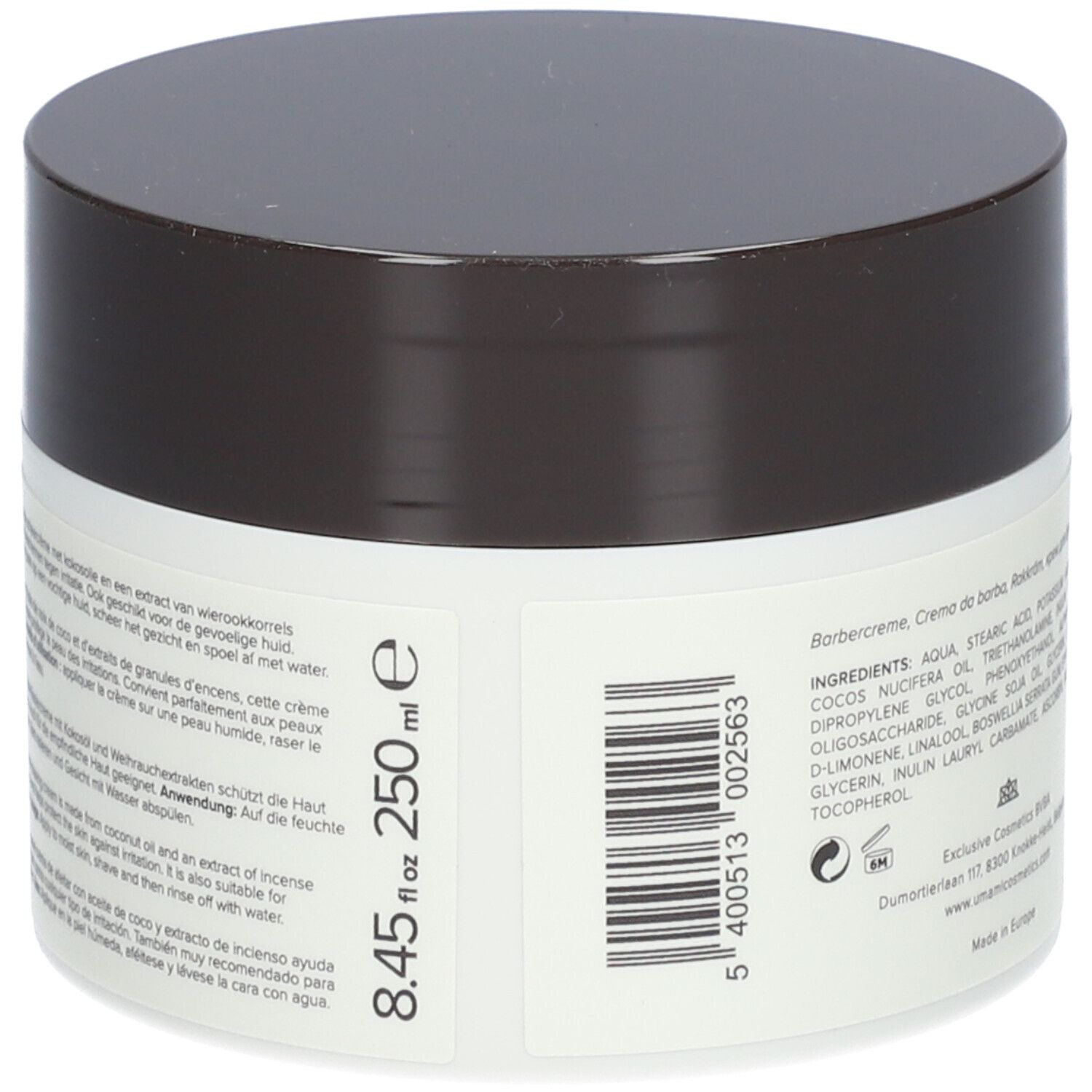 Cremebehälter mit Deckel. Rückseite mit Text in mehreren Sprachen, Inhaltsstoffen und Barcode. Volumen: 250 ml.