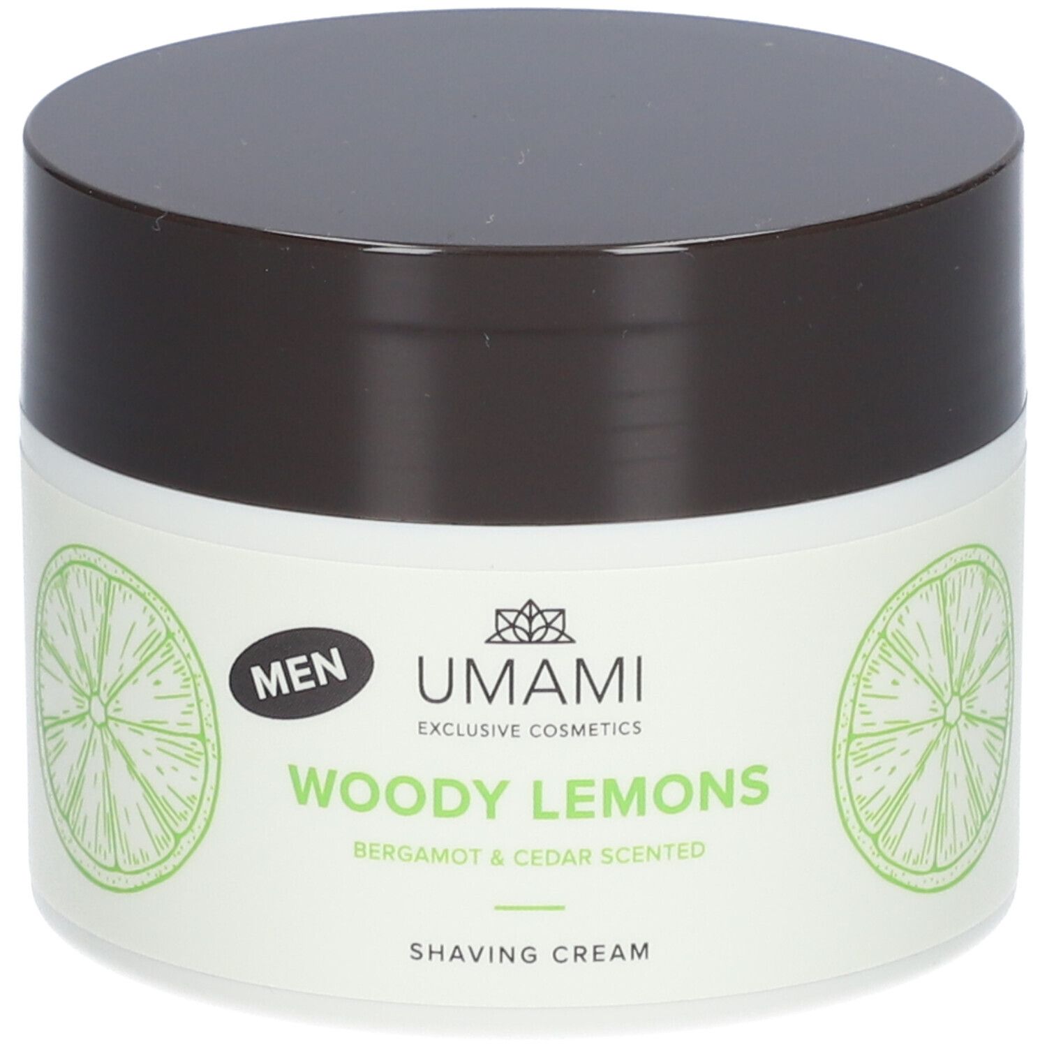 Cremebehälter mit Deckel. Aufschrift: UMAMI, WOODY LEMONS, Bergamotte & Cèdre, Rasiercreme. Abbildung von Limettenscheiben.