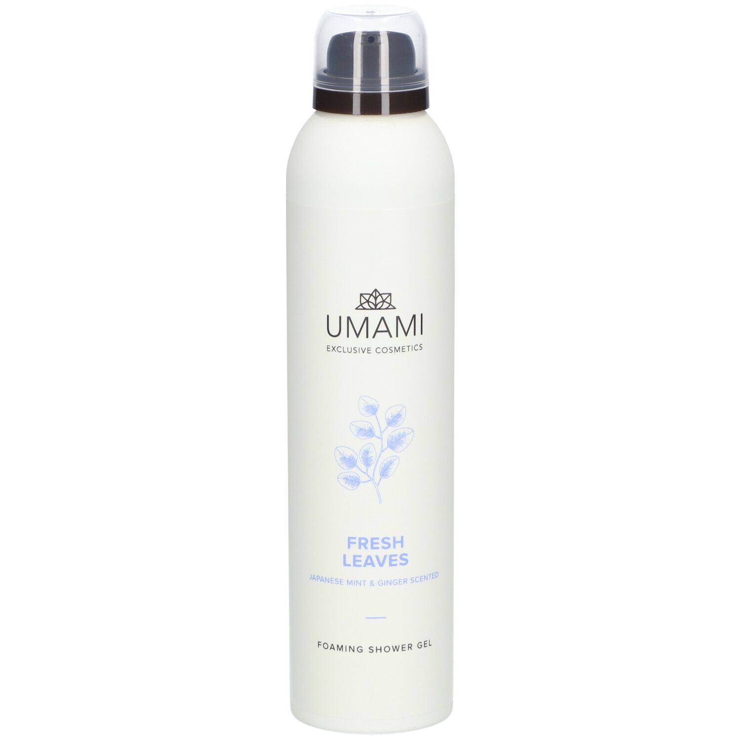Witte fles met sproeikop. Opschrift: UMAMI, FRESH LEAVES, Japanse munt & gember. Schuimende douchegel.