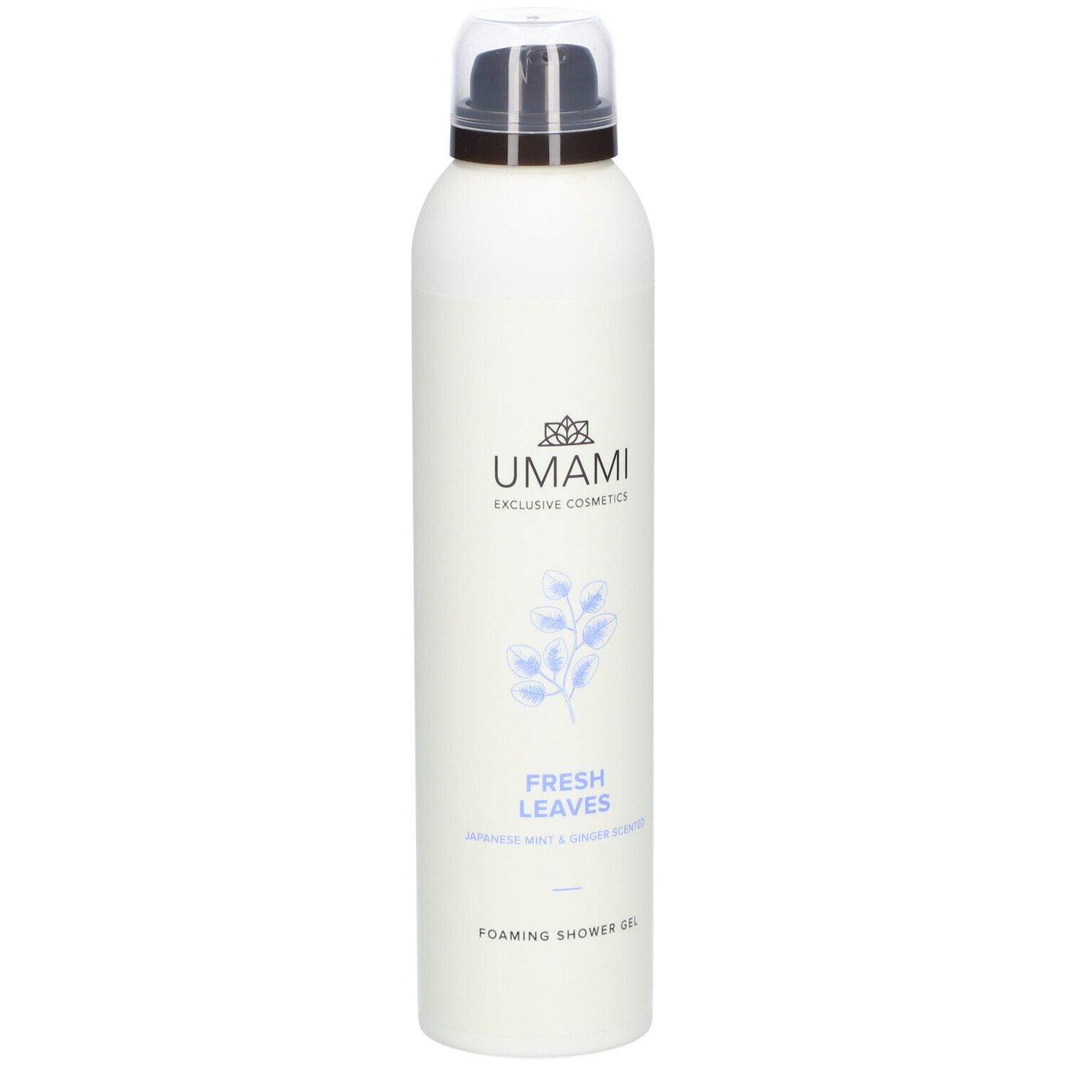 Witte fles met sproeikop. Opschrift: UMAMI, FRESH LEAVES, Japanse munt & gember. Schuimende douchegel.