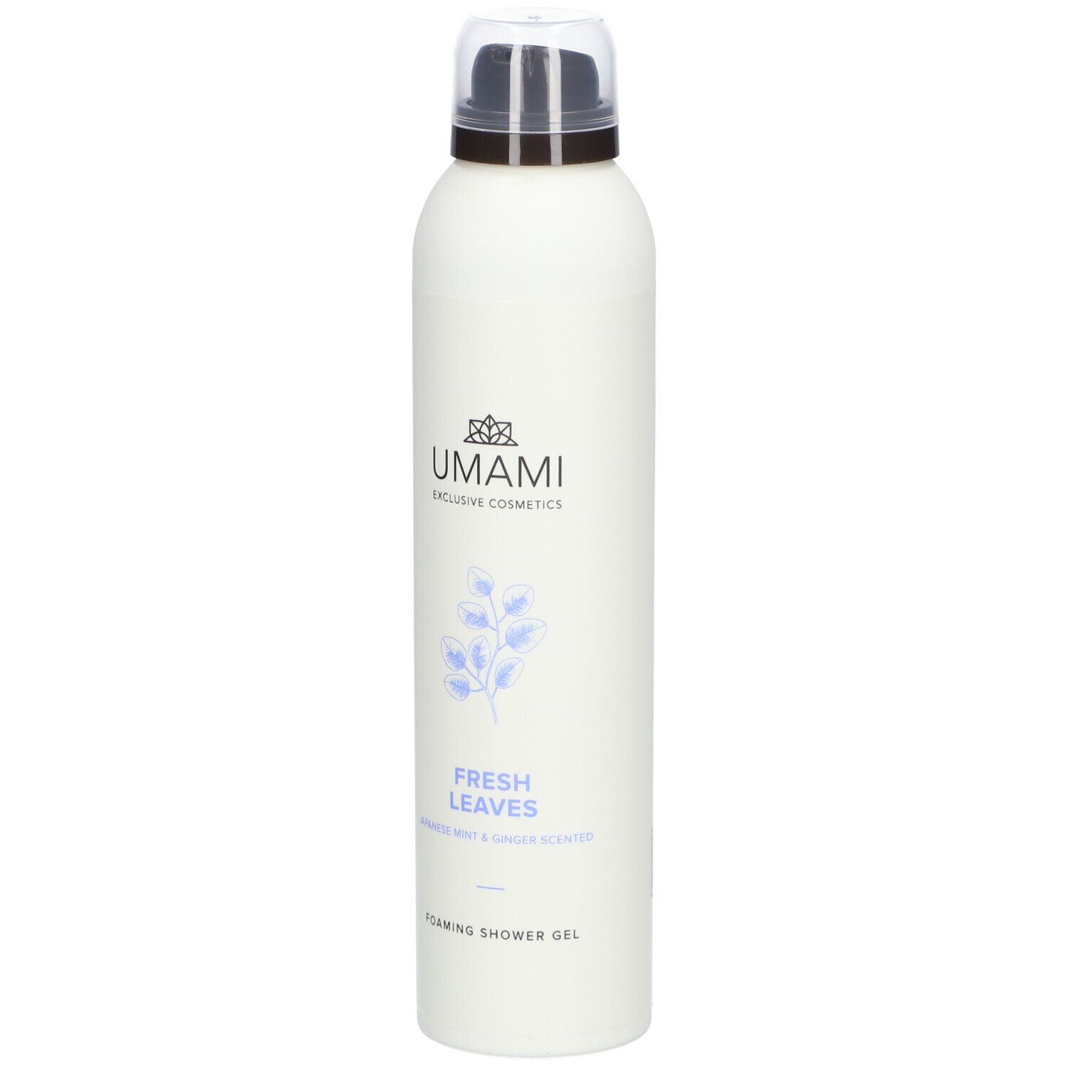 Witte fles met sproeikop. Opschrift: UMAMI, FRESH LEAVES, Japanse munt & gember. Schuimende douchegel.