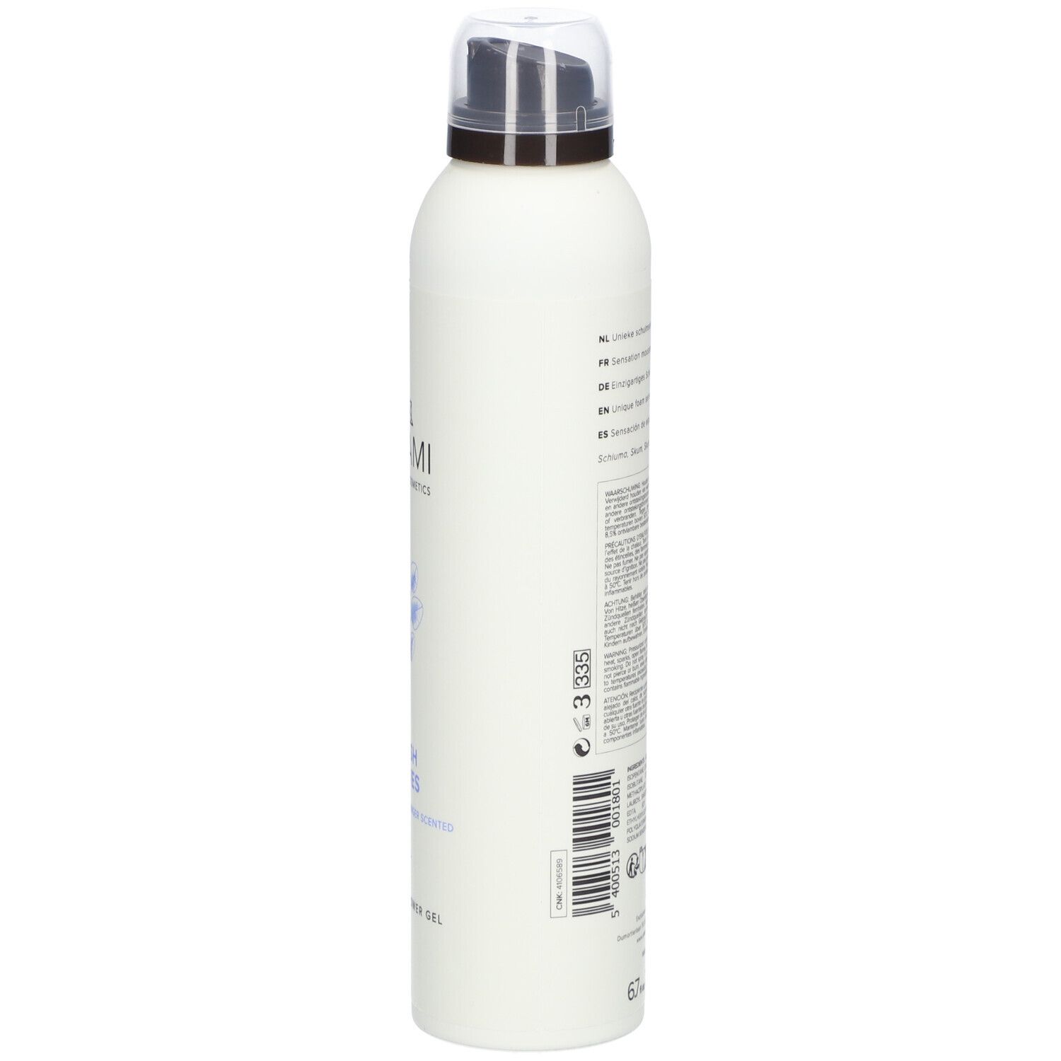 Witte fles, zijaanzicht. Tekst in meerdere talen. Informatie over ingrediënten en gebruik. Schuimende douchegel.