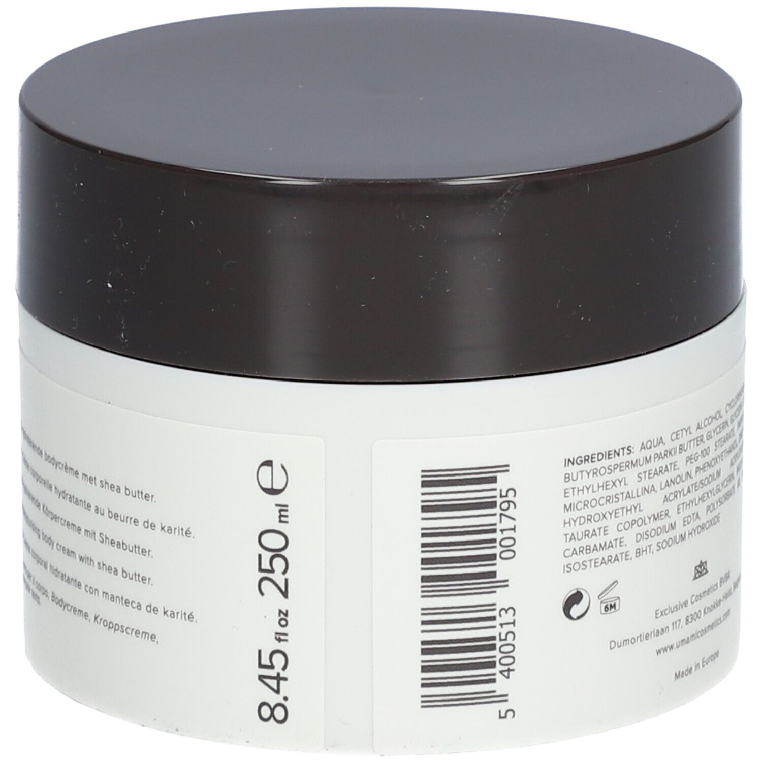 Rückseite des weißen Tiegels mit braunem Deckel. Barcode, Volumenangabe 250 ml, Text: Bodycreme mit Sheabutter.