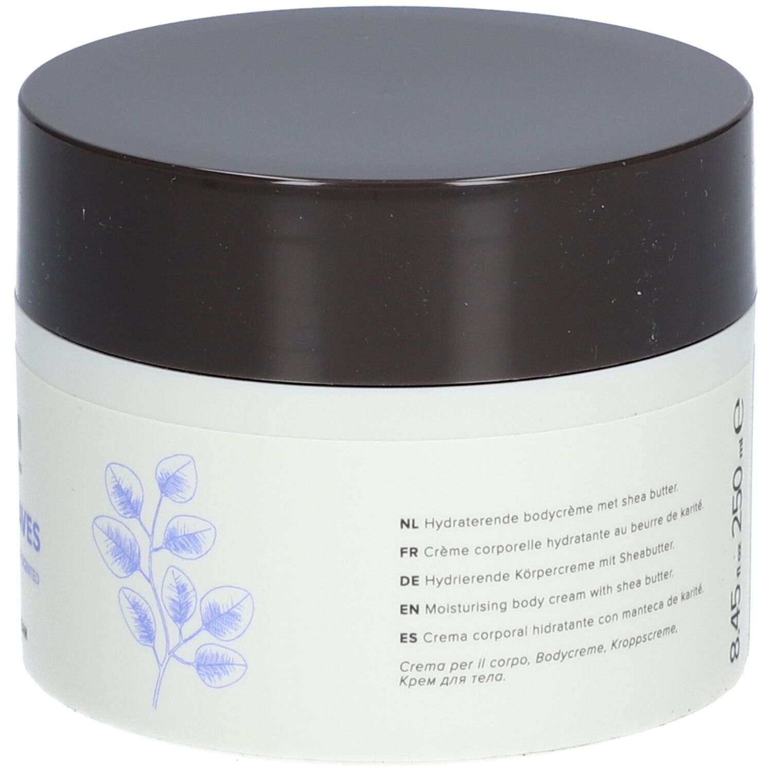 Rückseite des weißen Tiegels mit braunem Deckel. Text: Hydrierende bodycrème met sheabutter, Crème corporelle hydratante au beurre de karité.