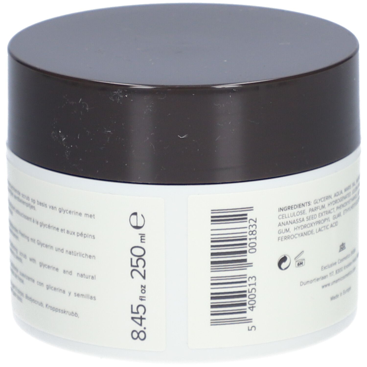 Dos du pot blanc avec couvercle marron. Inscription : 8.45 fl oz 250 ml. Code-barres.