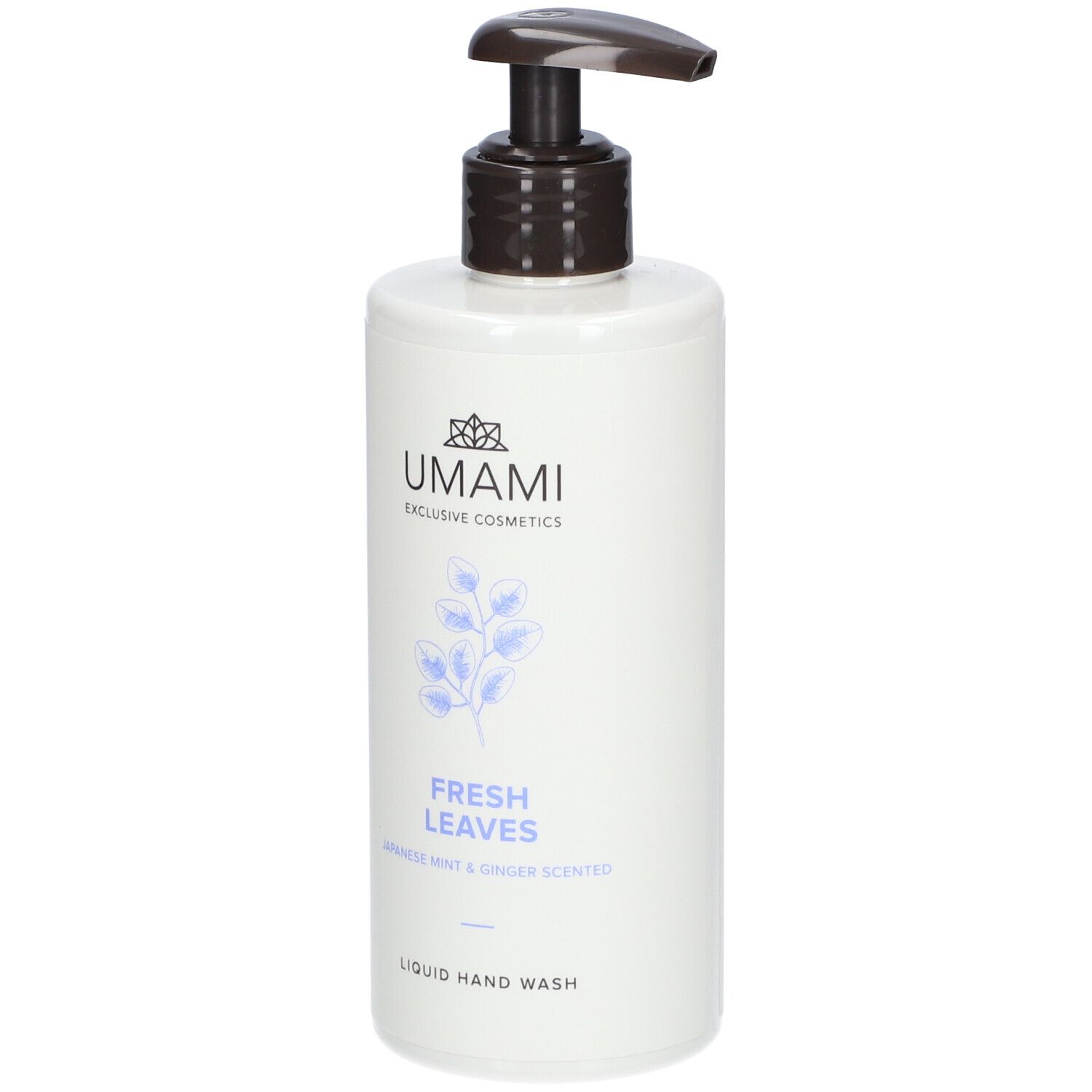 Weißer Spender mit braunem Pumpkopf. Aufschrift: UMAMI, FRESH LEAVES, Liquid Hand Wash. Abbildung von Blättern.