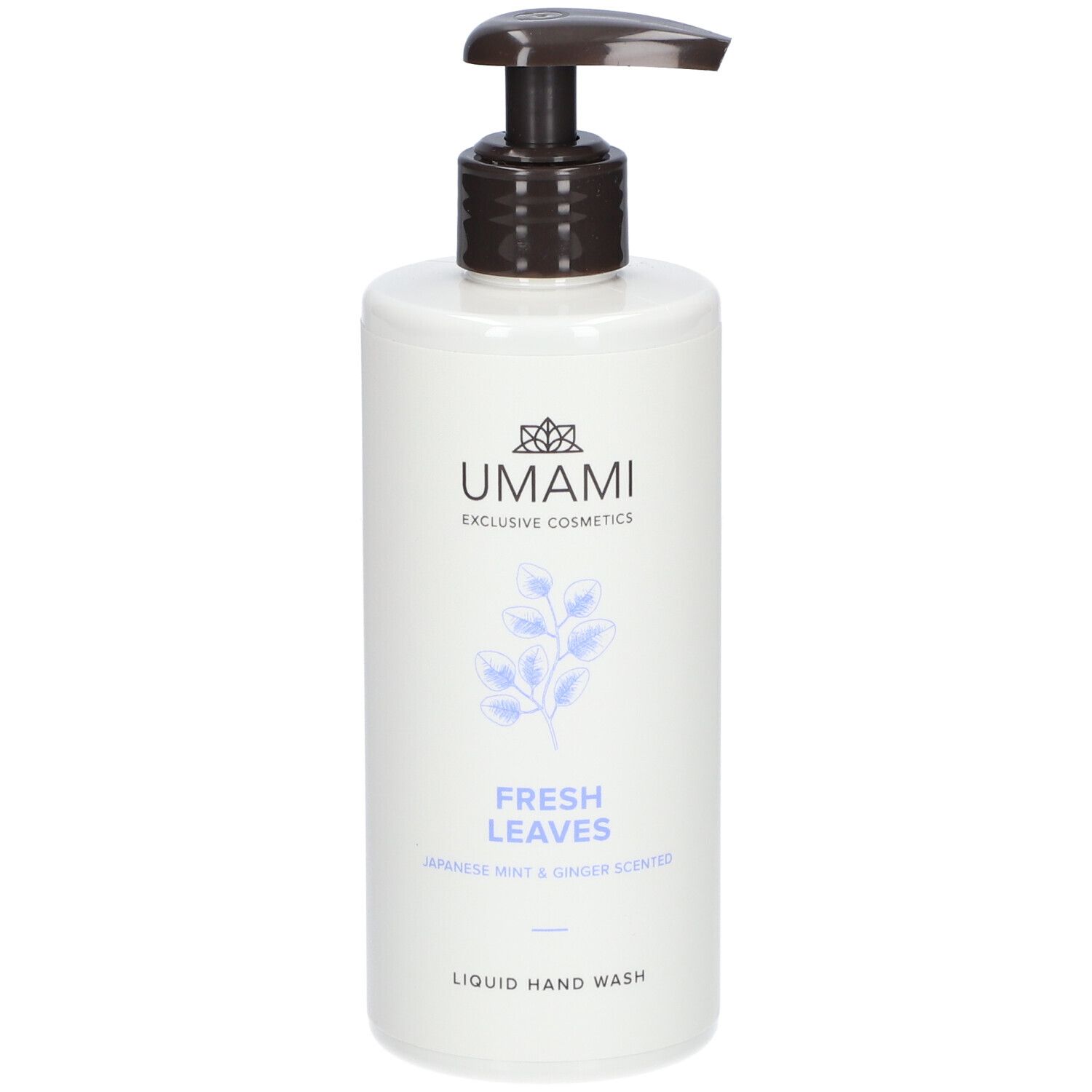 Weißer Spender mit braunem Pumpkopf. Aufschrift: UMAMI, FRESH LEAVES, Liquid Hand Wash. Abbildung von Blättern.