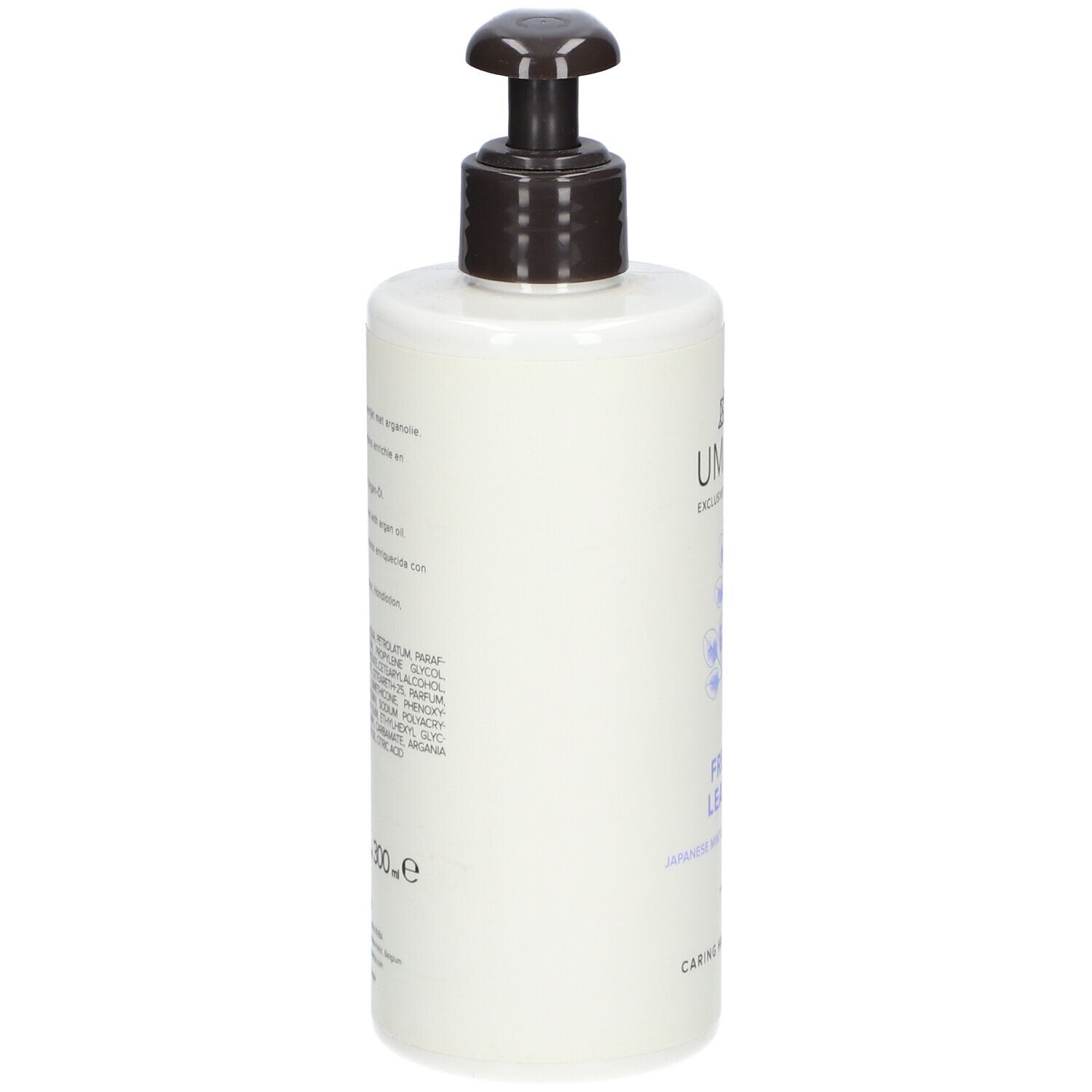 Rückseite einer weißen Flasche mit schwarzem Pumpkopf. Text in mehreren Sprachen. Inhaltsstoffe und Barcode.