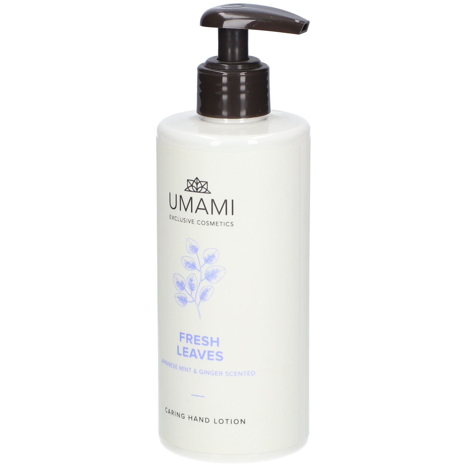 Weiße Flasche mit schwarzem Pumpkopf. Aufschrift: UMAMI, FRESH LEAVES, Caring Hand Lotion. Abbildung von Blättern.