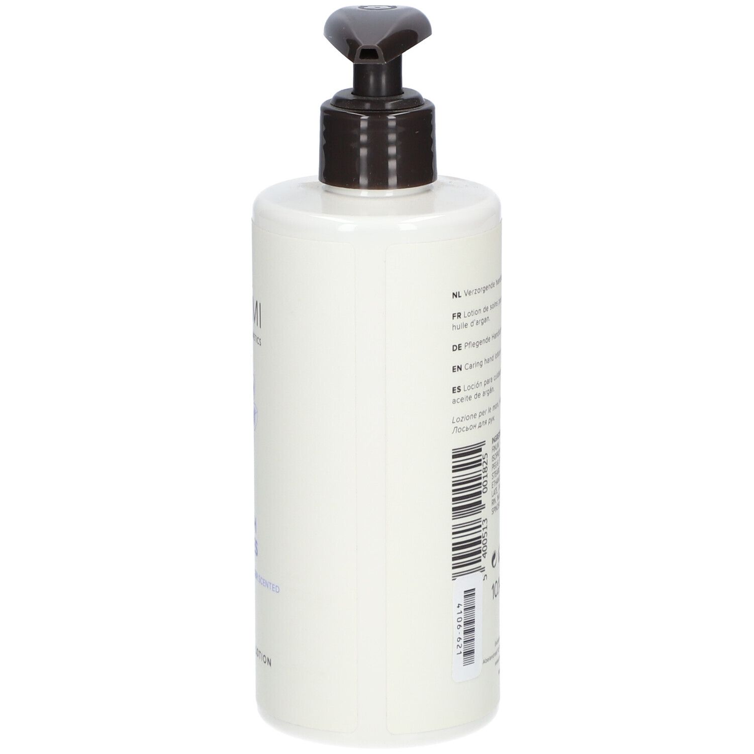 Seite einer weißen Flasche mit schwarzem Pumpkopf. Text und Barcode. Aufschrift: UMAMI, Caring Hand Lotion.