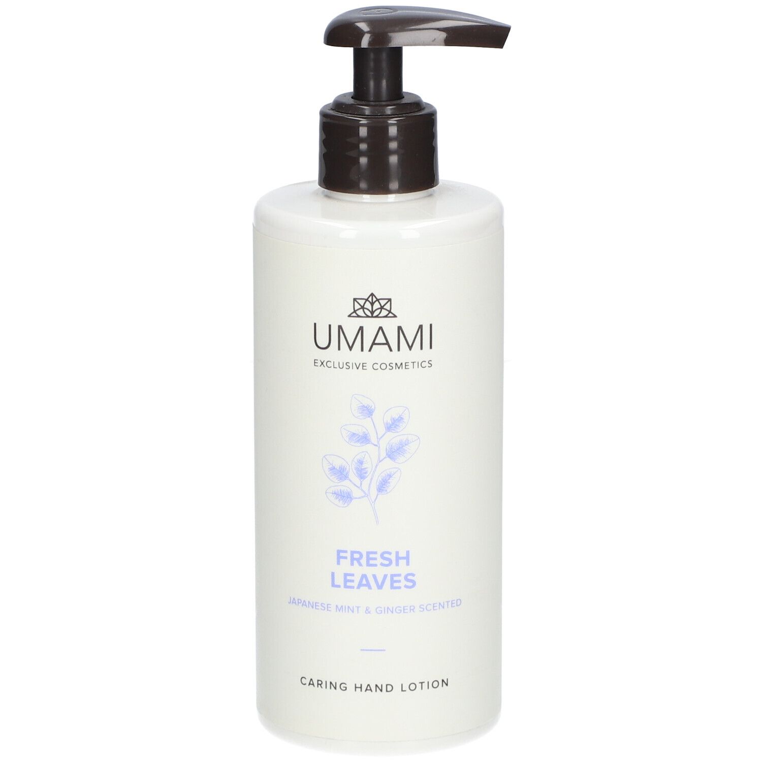 Weiße Flasche mit schwarzem Pumpkopf. Aufschrift: UMAMI, FRESH LEAVES, Caring Hand Lotion. Abbildung von Blättern.