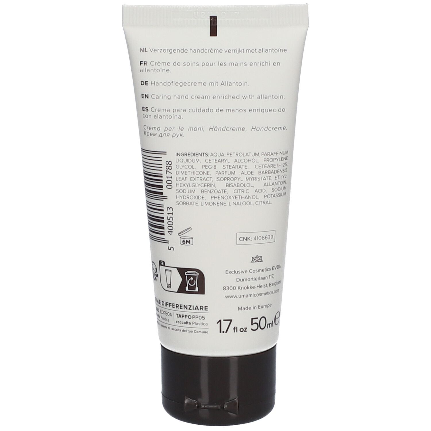 Rückseite der Handcreme-Tube. Text in mehreren Sprachen. Inhaltsstoffe, Logo, 1.7 fl oz 50 ml.