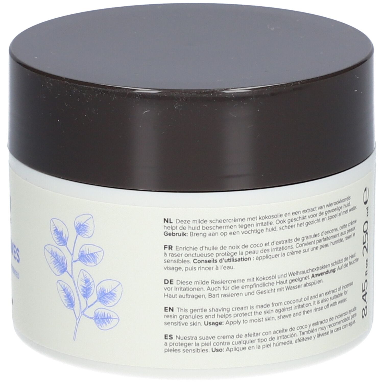Crème pot met deksel. Opschrift: 250 ml, 8.45 fl oz, Gebruiksaanwijzing in meerdere talen. Lichtblauwe achtergrond met bladeren.