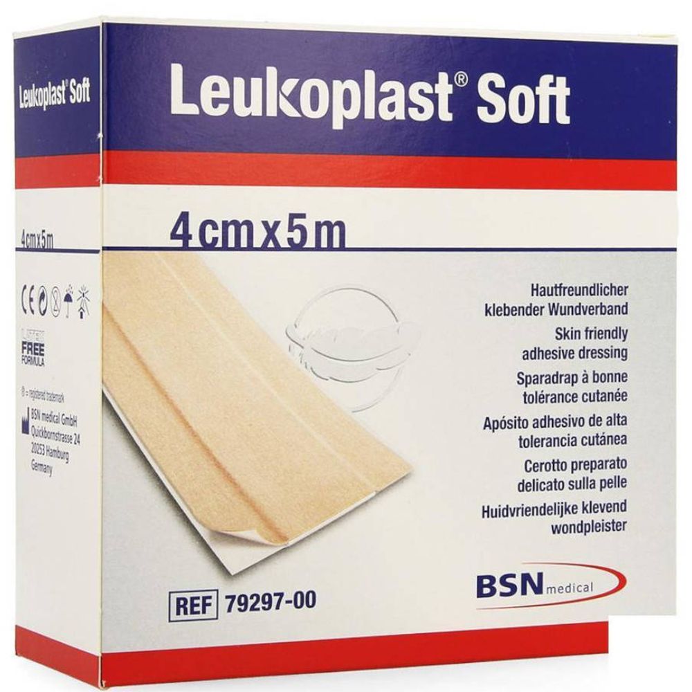 Emballage de Leukoplast® Soft, 4cm x 5m. Pansement beige visible sur l'emballage.