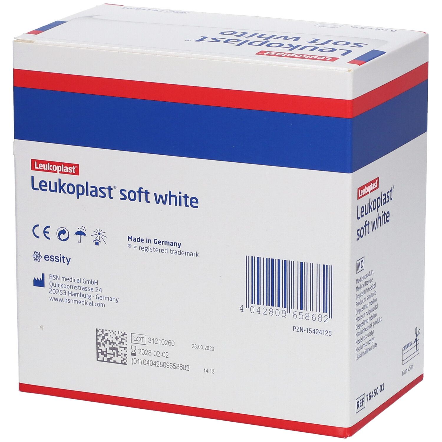 Emballage de pansement blanc. Inscription : Leukoplast soft white, marquage CE, code-barres.