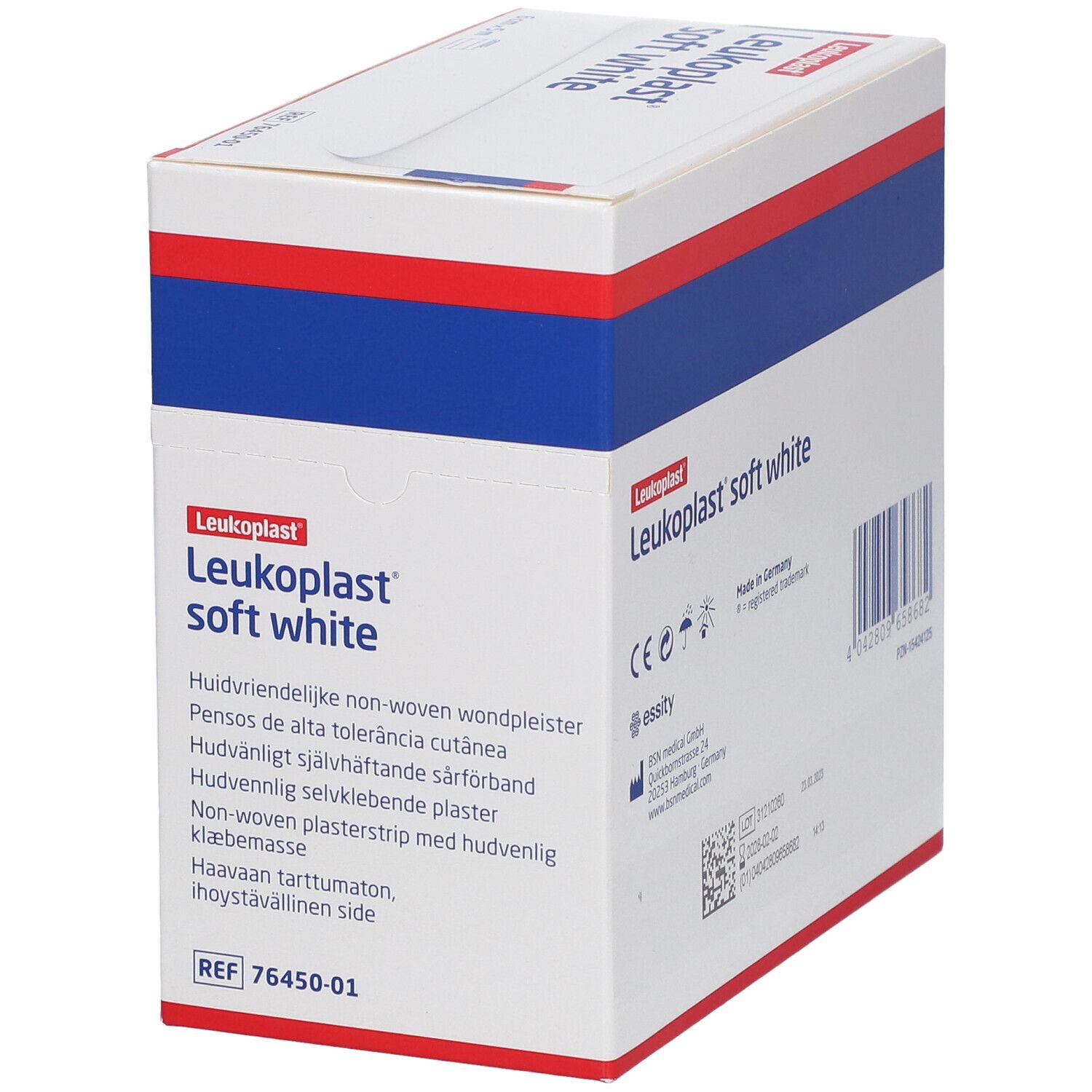Emballage de pansement blanc. Inscription : Leukoplast soft white, marquage CE.