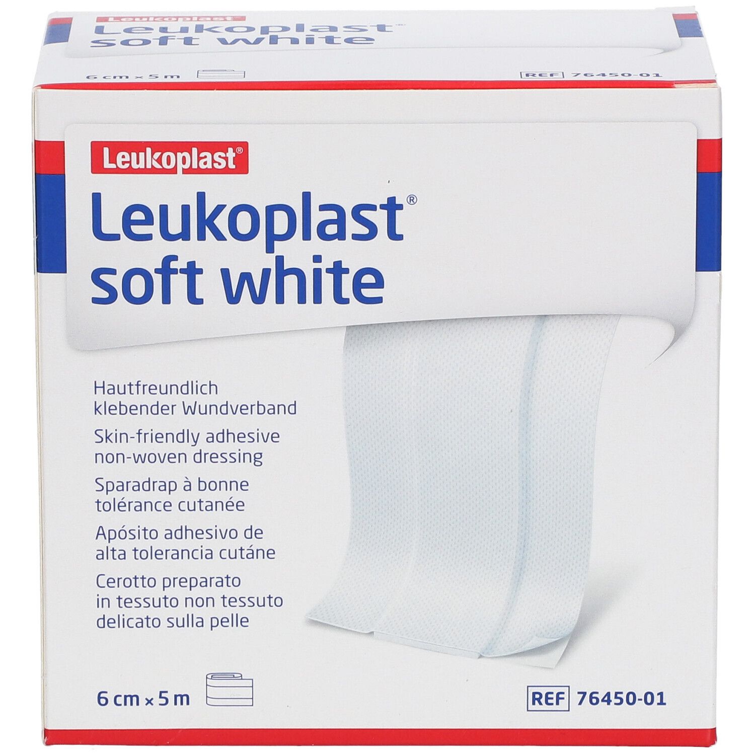 Pansement blanc en boîte. Inscription : Leukoplast soft white, 6 cm x 5 m.