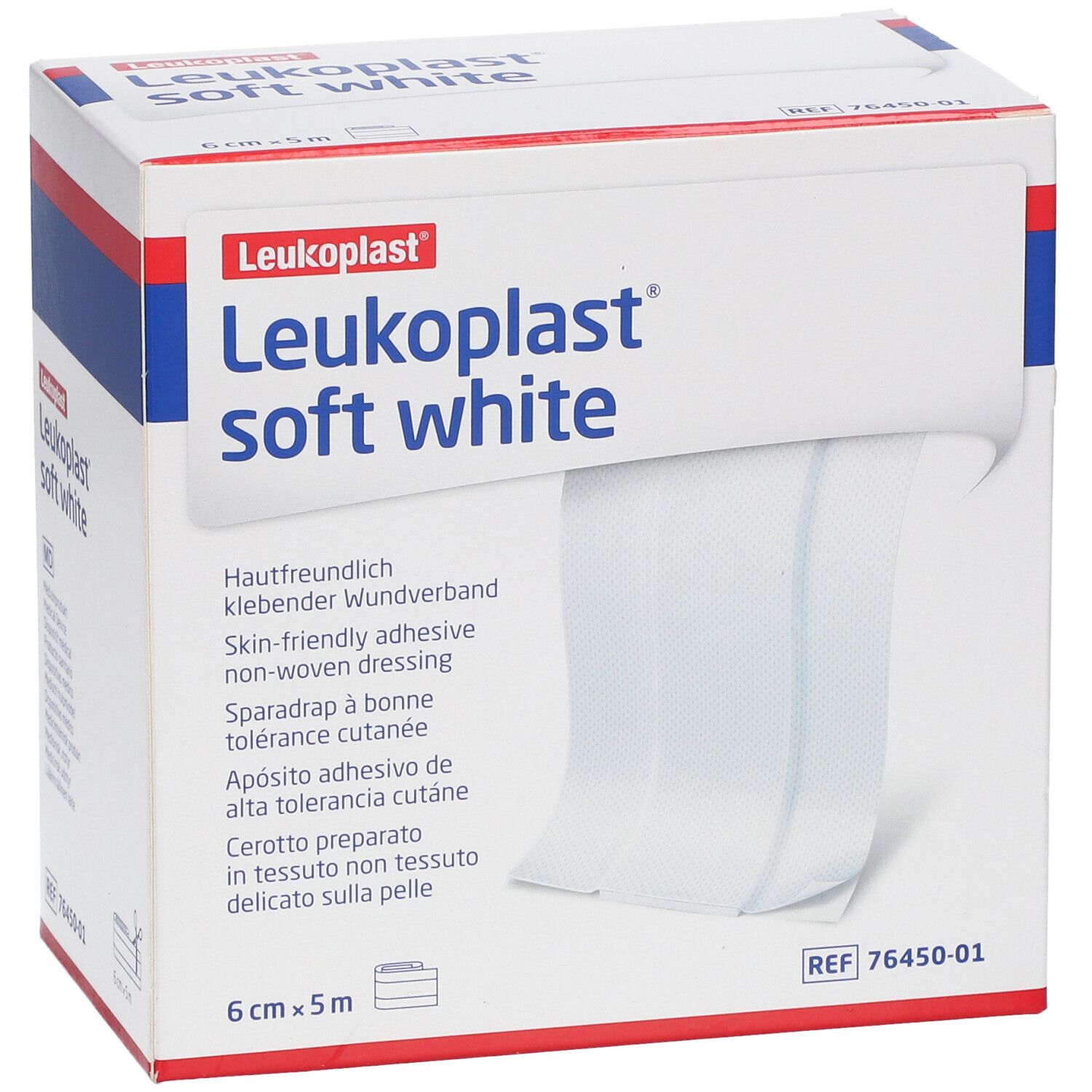 Pansement blanc en boîte. Inscription : Leukoplast soft white, 6 cm x 5 m.